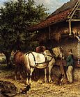 Stable Canvas Paintings - Two Horses By A Stable